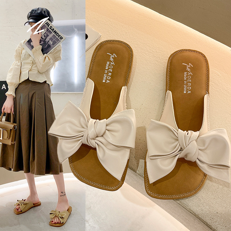 Outer Wear Women's Soft Bottom One Word Bow Slippers