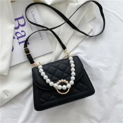 Hand-held Pearl Chain Bag Summer Shoulder Messenger Square Bag - Black - View 1