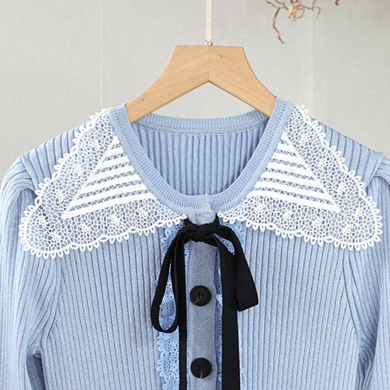 New Lace Doll Collar Bow Knit Dress Bright Silk Ruffle