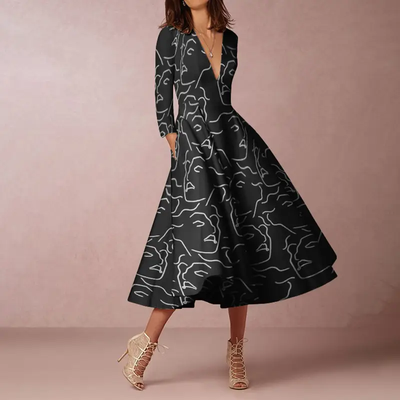 Women's V-neck Long-sleeved Dress