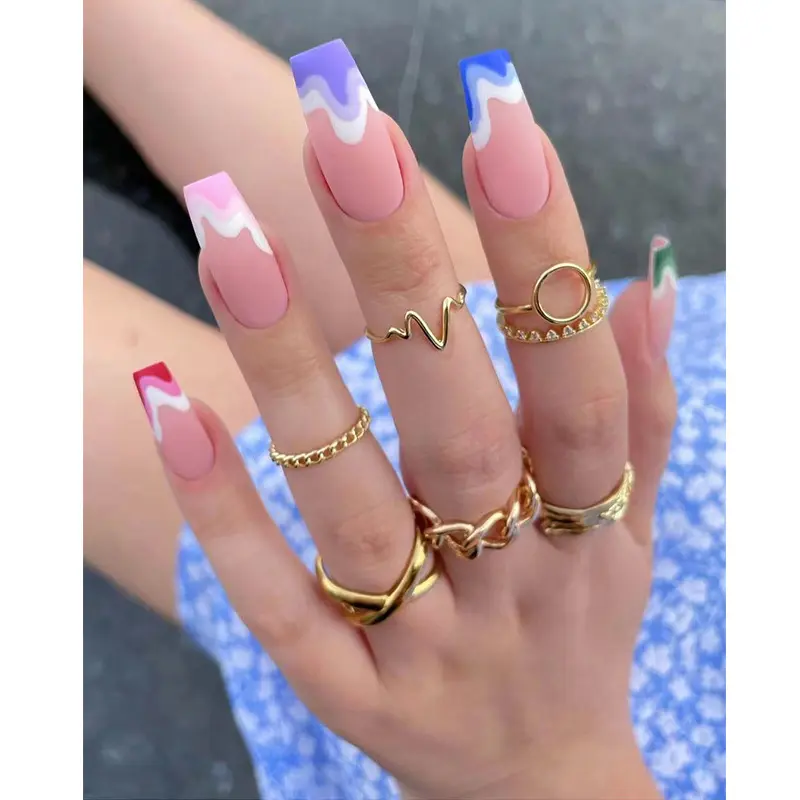 Fake Nails Multicolored Wave Pattern Extra Long