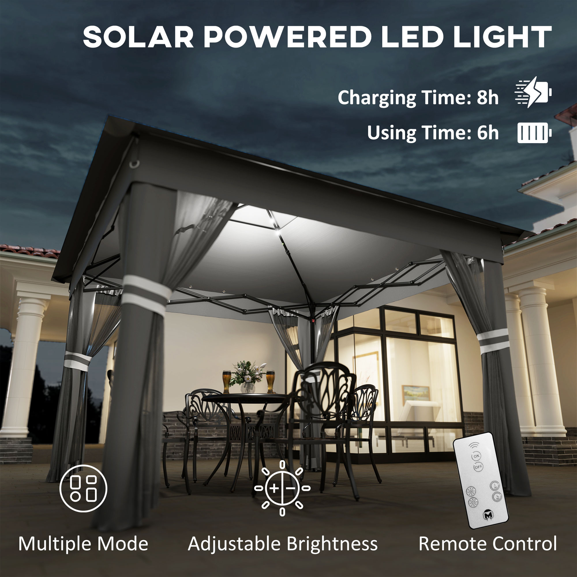 3.36 X 3.36m P Op Up Gazebo Party Tent With Solar-Powered LED Lights