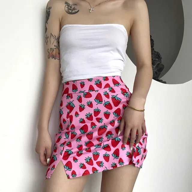 World Bank Cherry Print High Waist Hips Girls Slit Short Skirts Pink - Shop at LoveMi