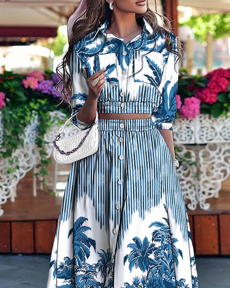 Printed Button Pocket Blouse And Skirt Suit