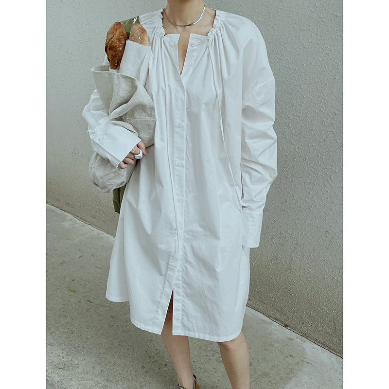 Women's Simple Pleated Drawstring Design Slim Shirt Dress