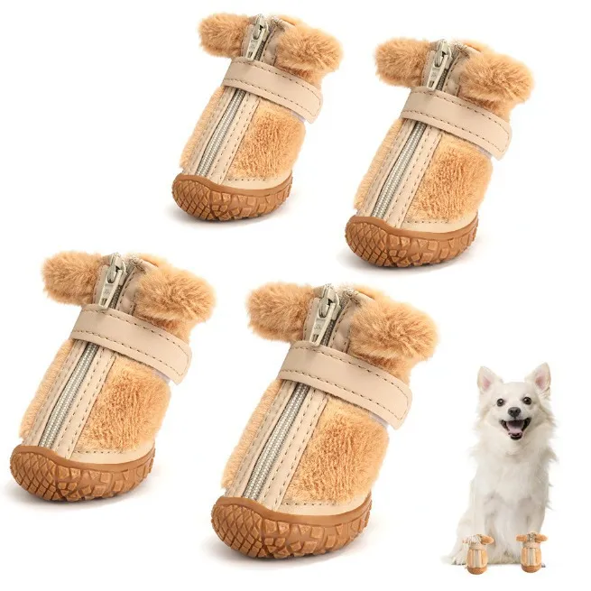 Winter Dog Shoes Plush Dog Booties Cute Ear Decoration Paw Protectors For Outdoor Walking Anti-slip Dog Shoes For Small For Dogs - Brown
