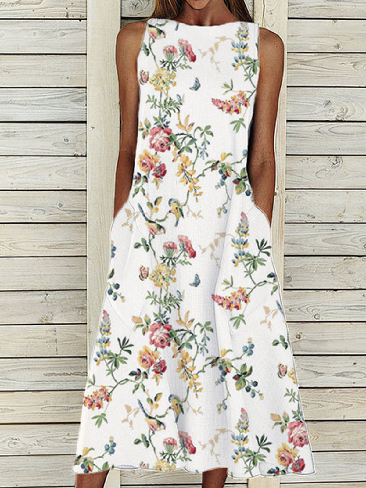 Ladies Fashion Loose Sleeveless Pocket Long Skirt Round Neck Printed Dress