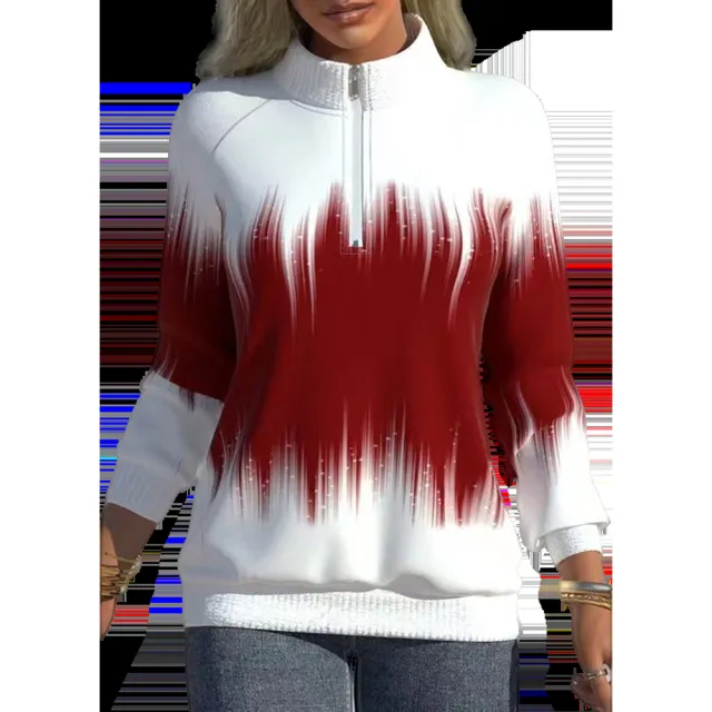 Women's New Gradual Color Printed Zipper Long Sleeve Sweater Red - Shop at LoveMi
