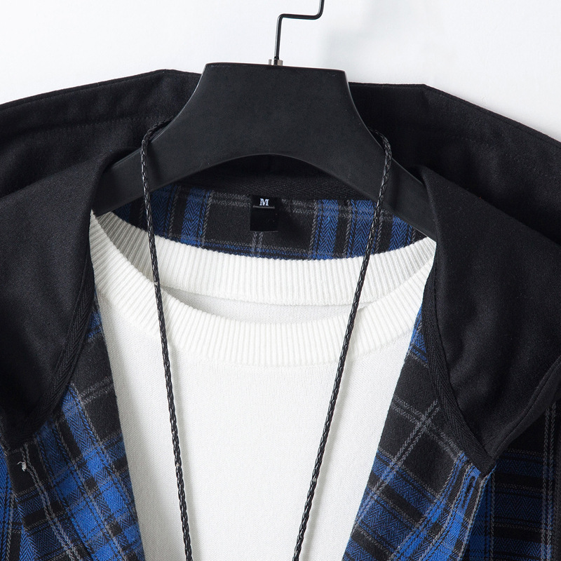 Men's Running Size Plaid Shirt Trend Hip Hop Hooded Cardigan