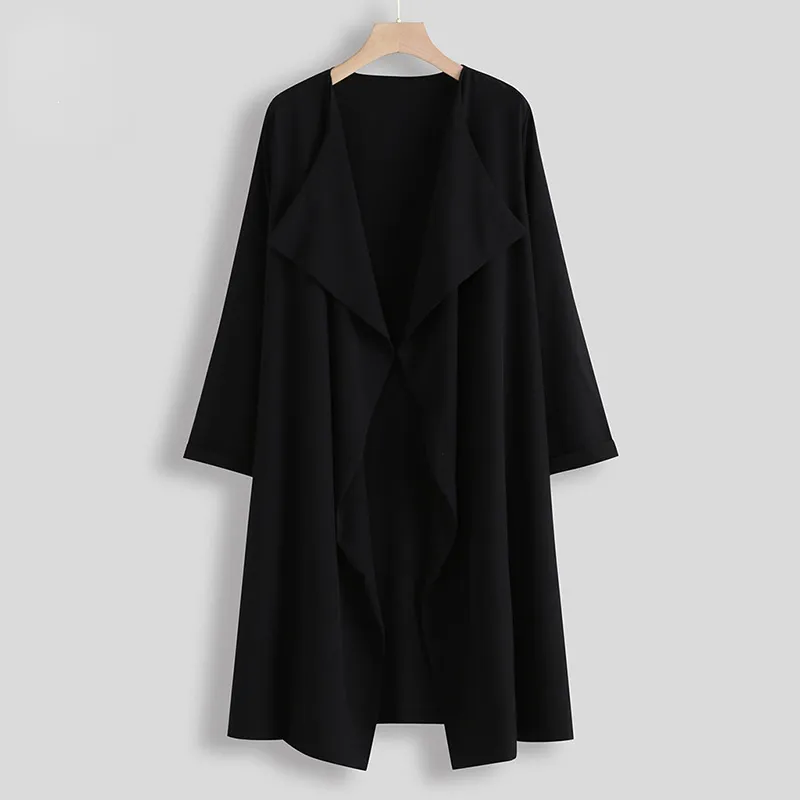 Lapel Solid Color Mid-length Casual Windbreaker Women's Clothing - Black
