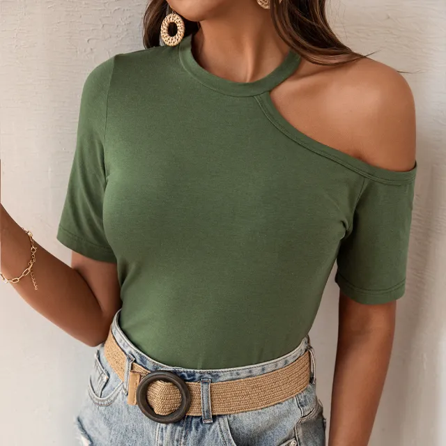 Summer New Off the shoulder Leopard Print T shirt Short Sleeves Green - Shop at LoveMi