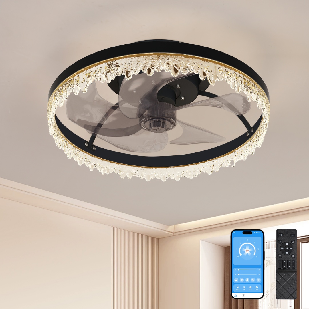 Smart Silent Elegant Black Ceiling Fan With Light - 16-inch Flush Mount LED Chandelier With 5 Invisible Blades, Remote Control & Timer, Dimmable Lighting For Bedroom, Living Room, Dining Room