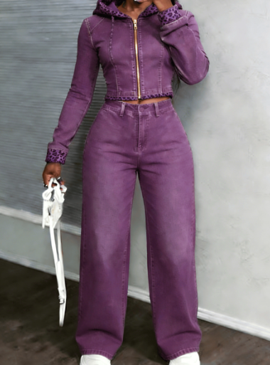 Color blocking Leopard Print Spliced Denim Hooded Cropped Top Wide leg Pants Two piece Set Purple - Shop at LoveMi