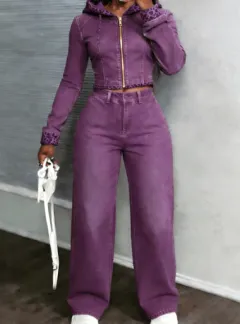 Colour-blocking Leopard Print Spliced Denim Hooded Cropped Top Wide-leg Pants Two-piece Set - Purple - View 1