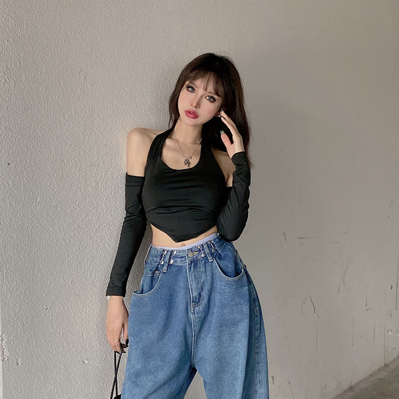 Sexy Slim Solid Color Round Leader Set Halter Halter Long Sleeve T-shirt Woman