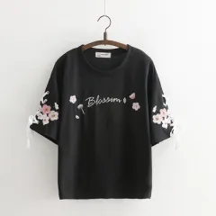 Lace-up Flower Embroidery Cotton Loose Short-sleeved T-shirt Women - Black - View 1