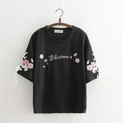 Lace up Flower Embroidery Cotton Loose Short sleeved T shirt Women Black - Shop at LoveMi