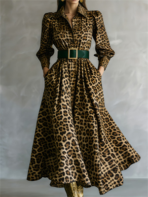 Waist-cinching Shirt Collar Casual Long Dress
