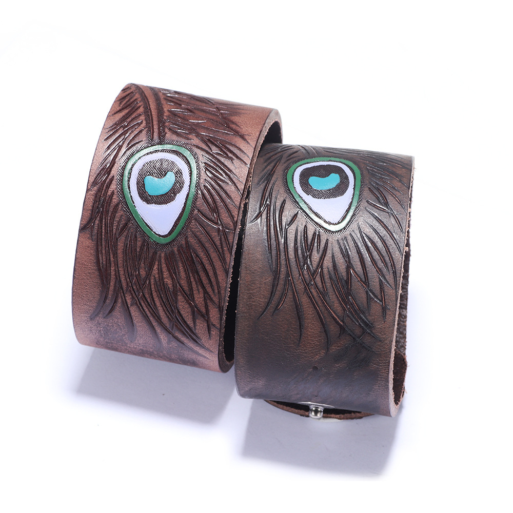 Fashion Peacock Feather Real Leather Bracelet