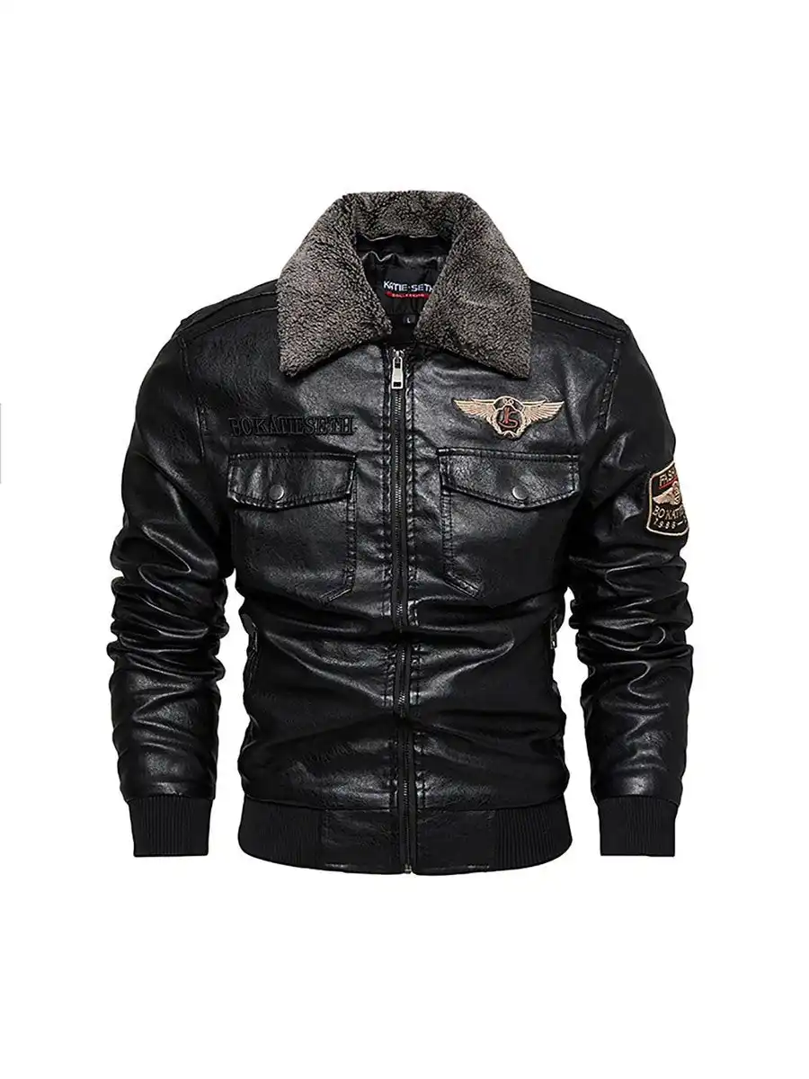 Men's Leather Jacket Plush Warm European And American Motorcycle Lapel PU Leather Coat