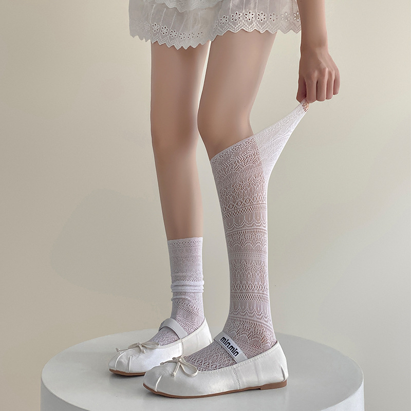 Summer Thin Solid-color Mesh Hollow-out Slouch Socks For Women, JK Retro Slim-fit Knee-high Niche Calf Ballet Knee-high Socks