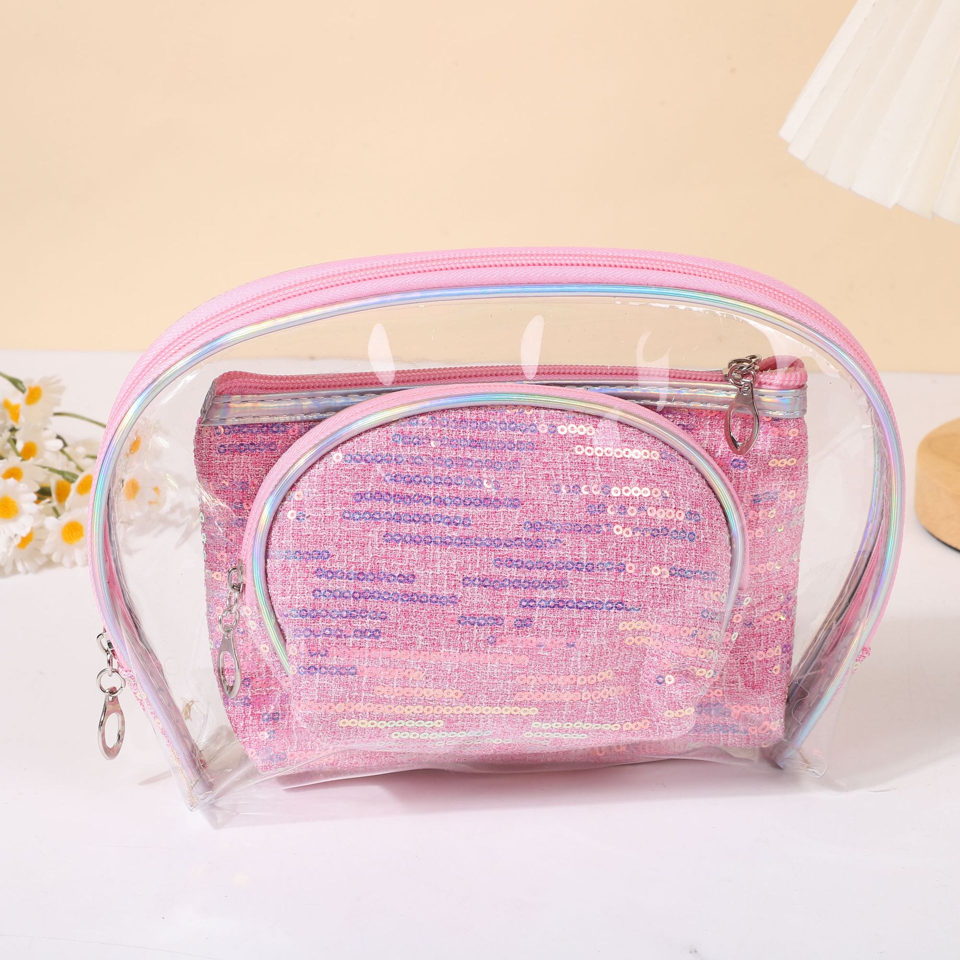 Lot de 3 trousses de toilette transparentes à paillettes · rose foncé