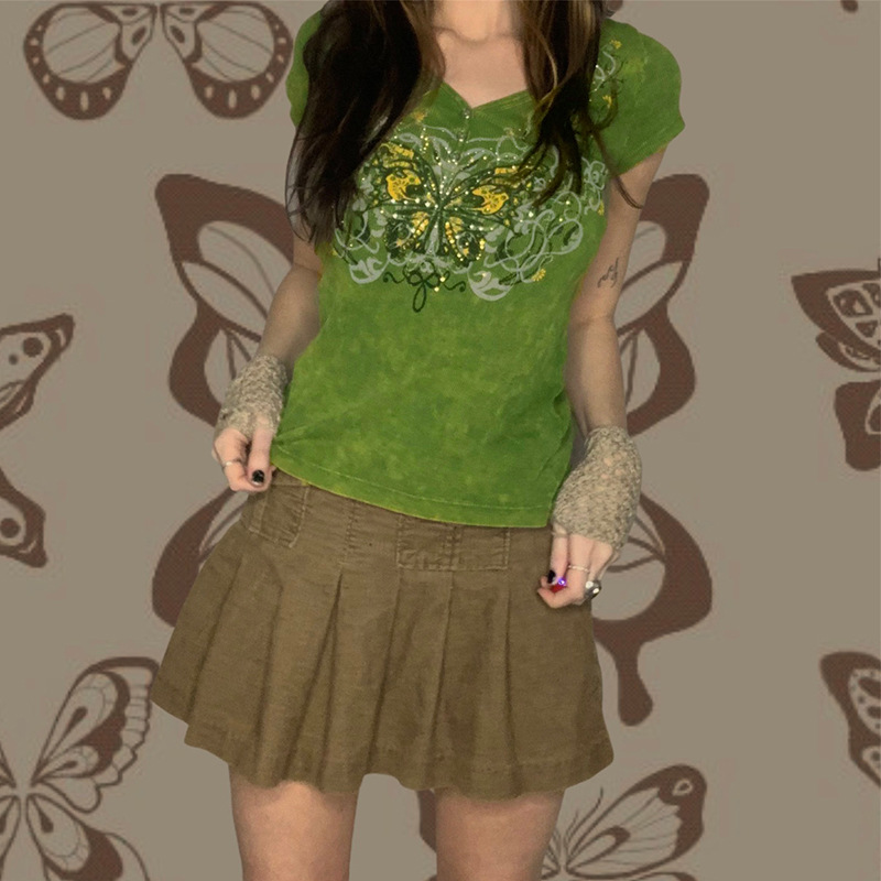 Women's Green Butterfly Print Slim Fit Bottoming T-Shirt