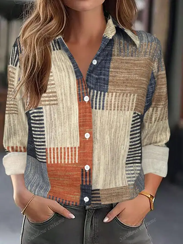 Color Block Button Print Long Sleeve Casual Retro Shirt Khaki - Shop at LoveMi