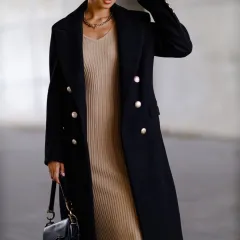 Autumn And Winter Long Metal Buckle Tweed Jacket For Women - Black - View 1