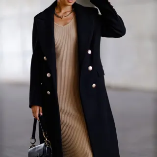 Autumn And Winter Long Metal Buckle Tweed Jacket For Women - Black