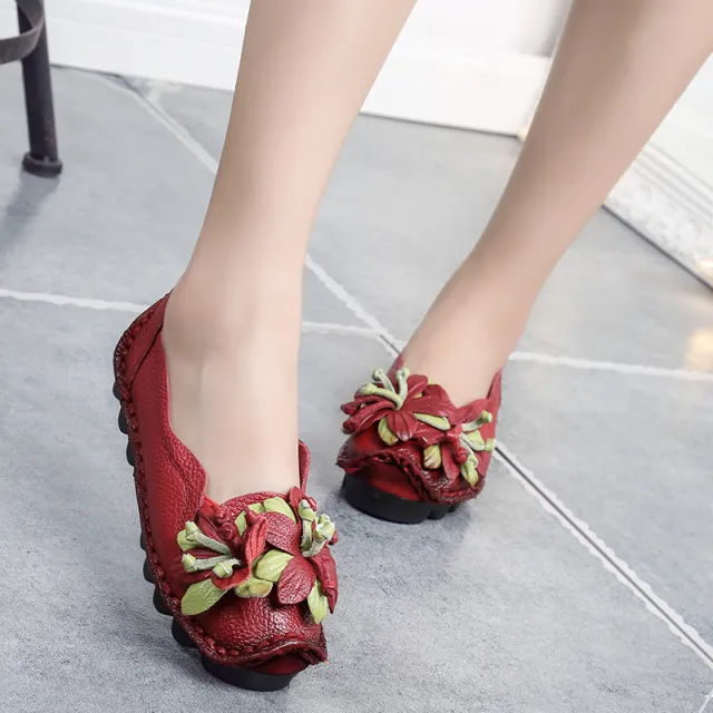 Rubber Socofy Soft Flat Leather Loafers Red - Shop at LoveMi