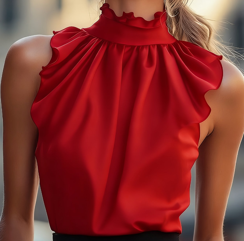 Elegant Ruffled Sleeveless Stand Collar Top For Women