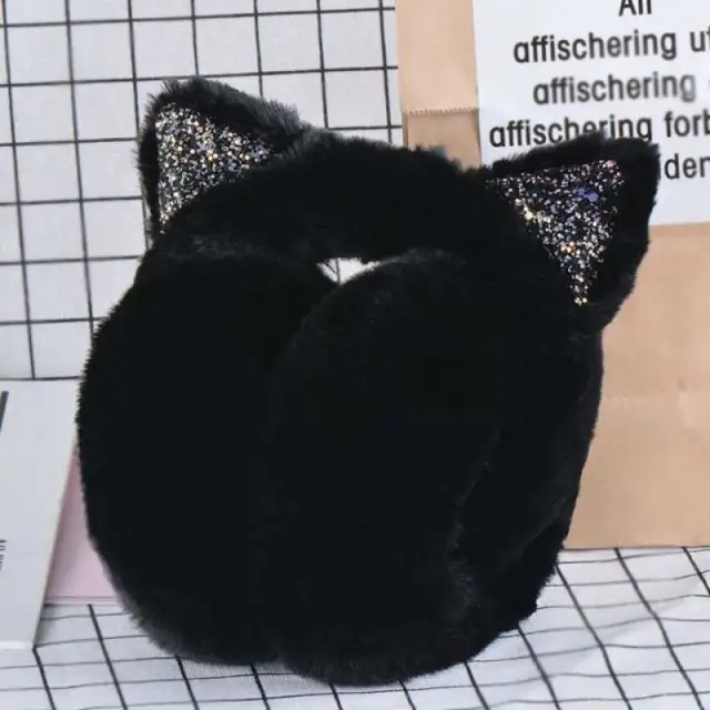 Cartoon Cat Warm Female Rabbit Fur Earmuffs Bag Black - Shop at LoveMi