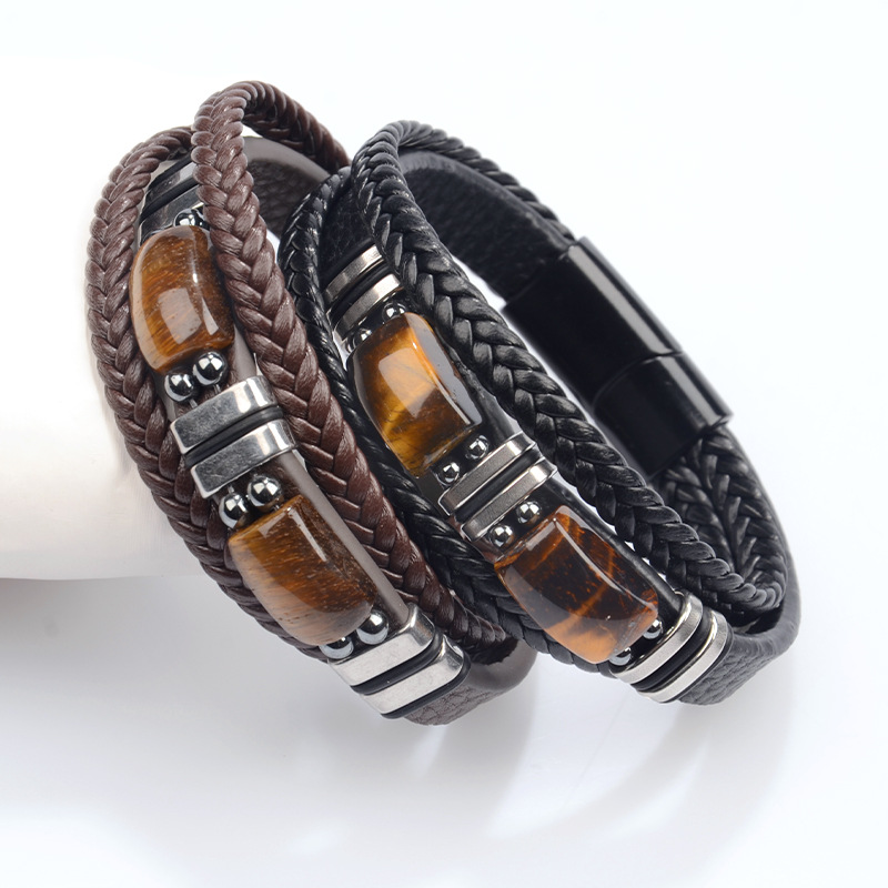 European And American Cross-Border Popular Tiger Eye Stone Leather Bracelet Stainless Steel Bracelet Multi-Lay