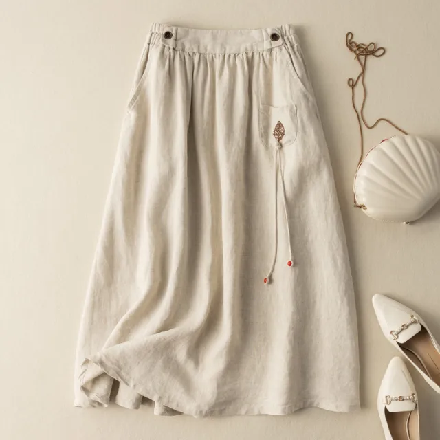 Women's Fashion Temperament Versatile Loose Split Cotton Linen A Line Skirt Apricot - Shop at LoveMi