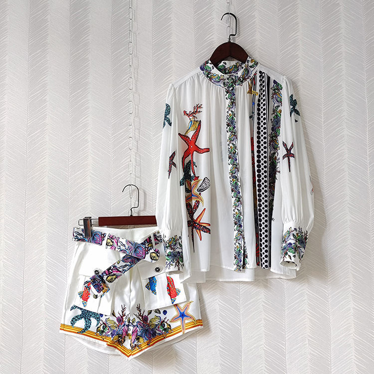Stand-up Collar Single-breasted Shirt Belt Shorts Suit