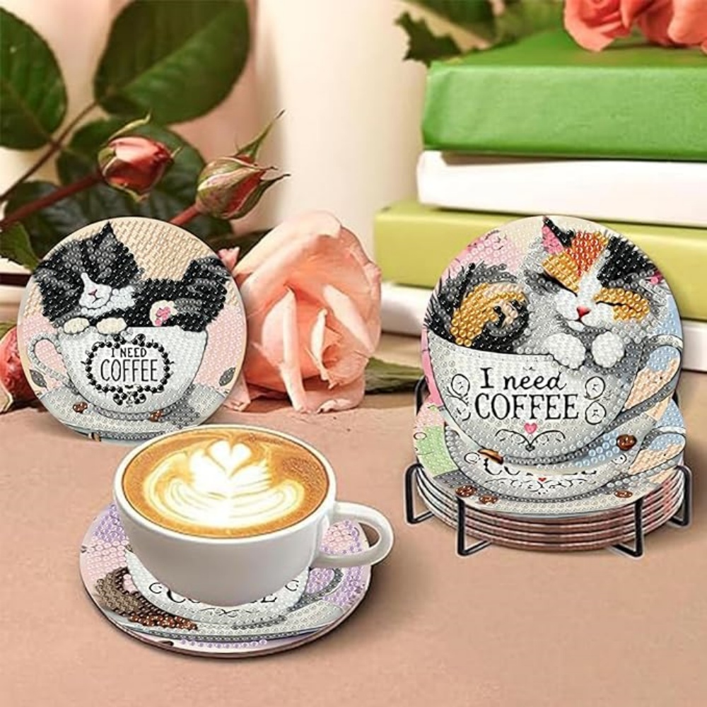 Diamond Art Drawing Coaster With Bracket, DIY Cat Pattern Diamond Art Coaster, Suitable For Adults And Beginners Diamond Drawing Kit, Diamond Kit Craft Supplies, Exquisite Gifts For Friends