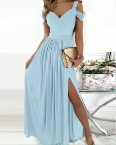Long Floor Length Elegant Greek Style Pleated Dress - Sky Blue - View 1