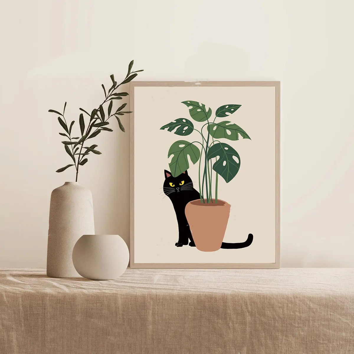 Cat Wall Art Drawing Cartoon Cute Canvas