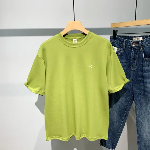 Simple And Versatile Solid Color Monogram Embroidery Short Sleeve T shirt Green - Shop at LoveMi