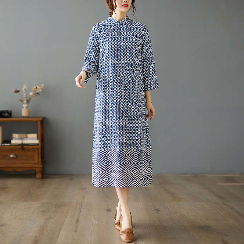 Autumn New Vintage Ramie Celadon Printed Long Sleeve Stand Collar Dress