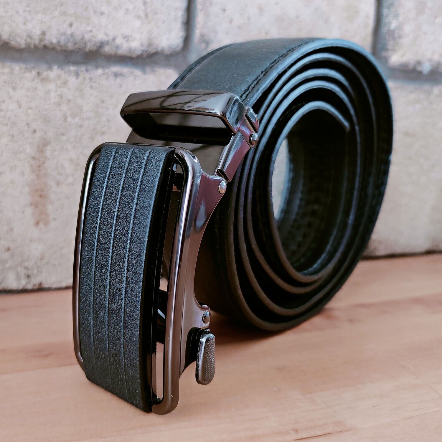 Men's Microfiber Leather Ratchet Belt with Slide Buckle, shipping details, features, and benefits of the product.