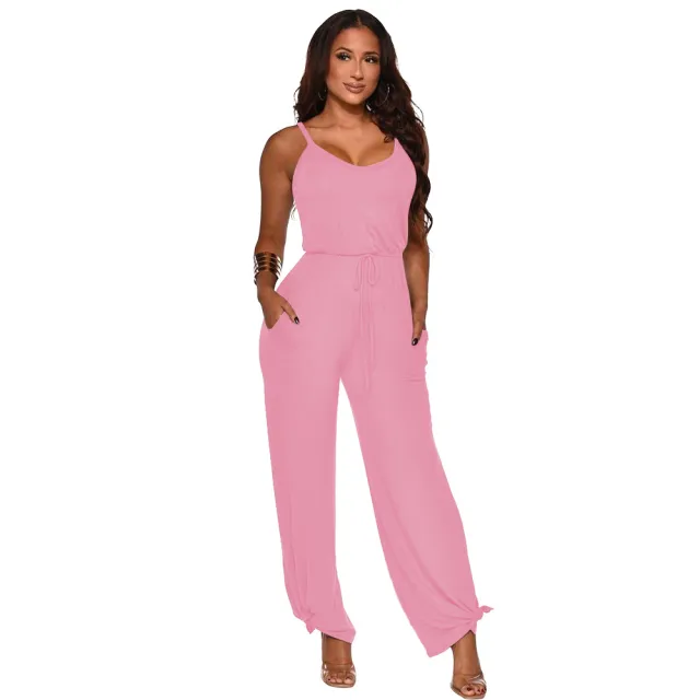 Mitation Cotton Solid Color Sling High Waist Jumpsuit Pink - Shop at LoveMi