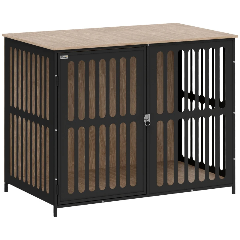Dog Crate Furniture W Anti-Chew Resistant Mesh, Anti-Escape Single Door, For Large Dogs, Walnut Brown