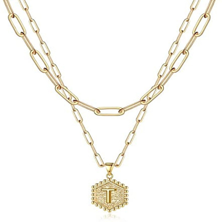 Popular Double Paper Clip Necklace 26 Letter Hexagon Pendant Necklace