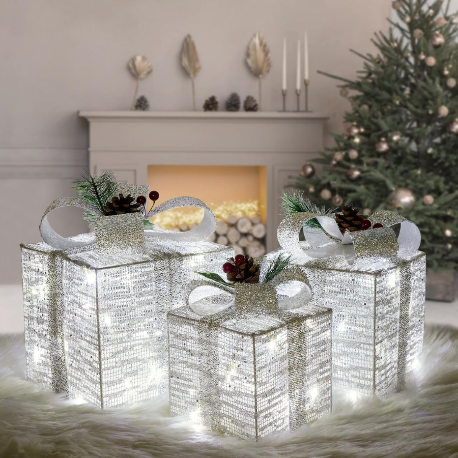 Set Of 3 Silver  Christmas  Lighted Boxes