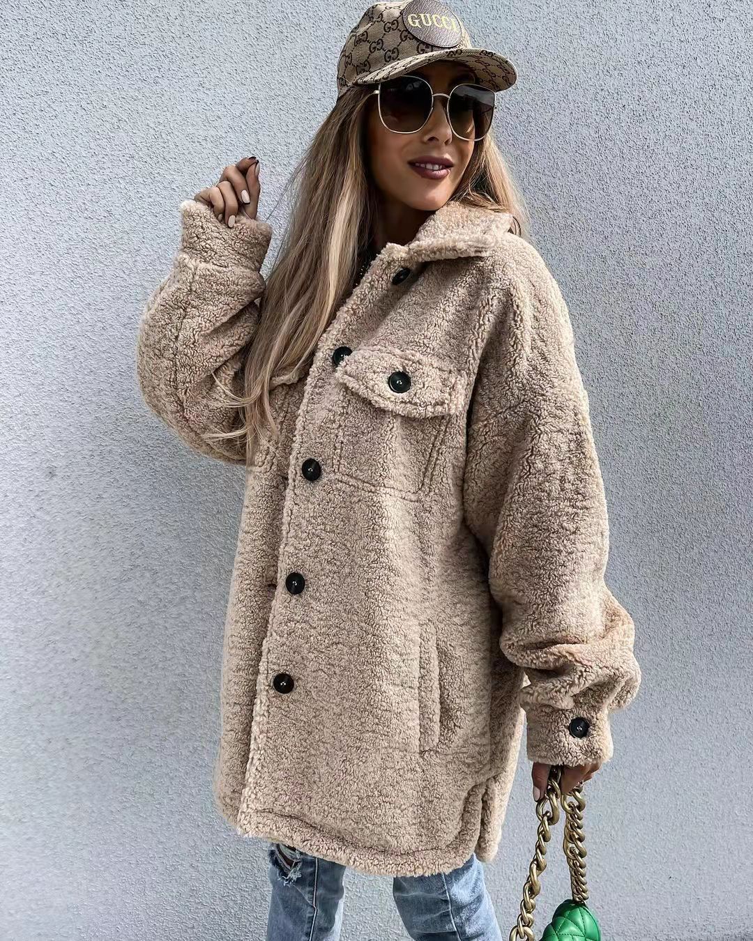 Solid Color Single breasted Lapel Irregular Long Fur Coat Khaki - Shop at LoveMi