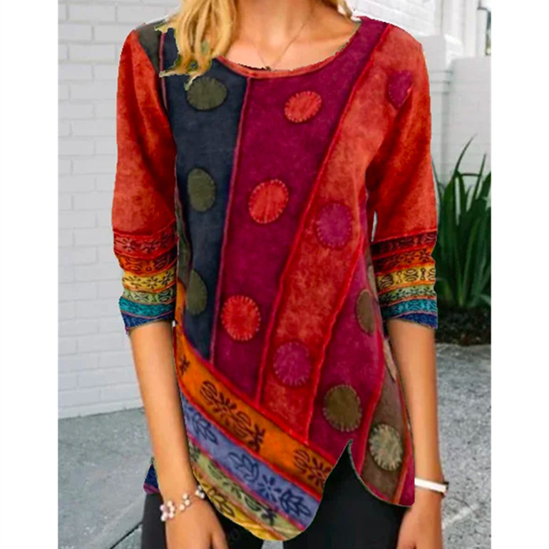 Title 4, Ladies Stitching Printed Multicolor Long-sleeve...