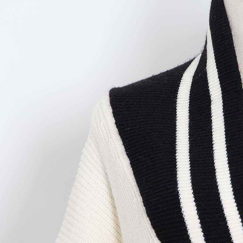 College Style Cardigan Black And White Collisional Stitching