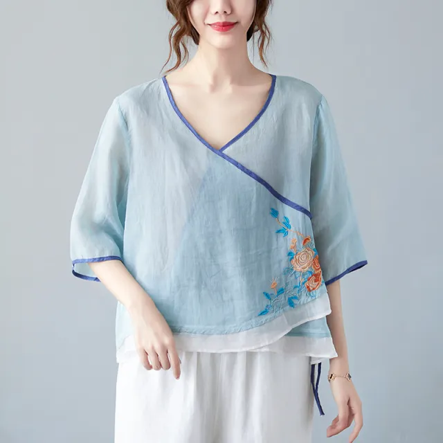 New Style Literary Retro Cotton And Linen Embroidery Blouse Light Blue - Shop at LoveMi